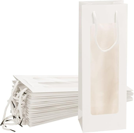 uxcell Wine Bags, 20pcs 4.92"x3.35"x14.2" Wine Gift Bags with Rope Handles, Paper Wine Tote Bag with Clear Window for Wedding Birthday Christmas Party Supplies, White