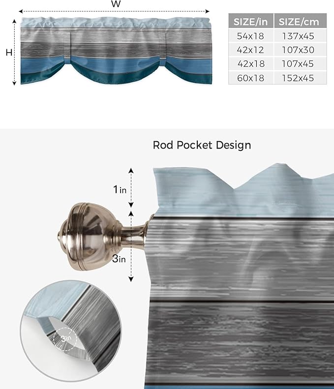Farmhouse Blackout Tie Up Valance Curtains for Kitchen Windows,Blue Gray Ocean Hues Window Toppers Balloon Shades for Living Room/Bathroom/Bedroom,1 Panel,42" X 12" Retro Rustic Barn Wood Texture