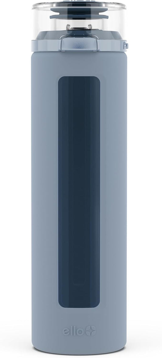 Ello Syndicate Glass Water Bottle with One-Touch Flip Lid and Protective Silicone Sleeve and Carry Loop, BPA Free, Dishwasher Safe,20oz