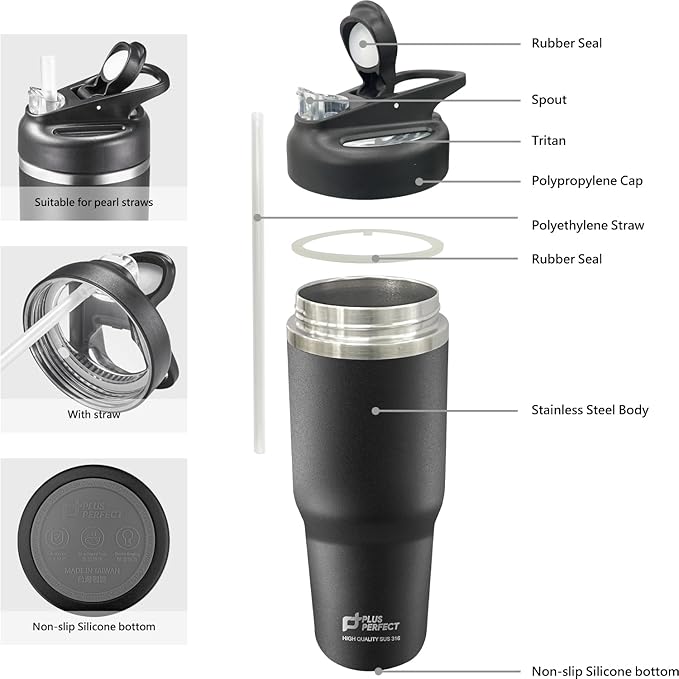 41 OZ 316 Stainless Steel Vacuum Insulated Travel Mug With Leak Proof Flip For Both Straw & Spout, Double Walled Seamless to Keep Hot And Cold, Black