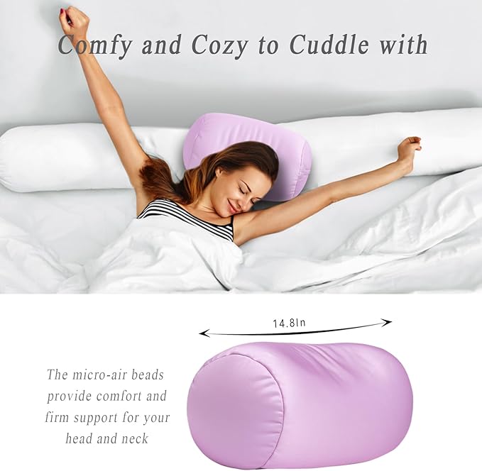 Microbead Body Pillow, Tube Microbead Bolster Bean Smooth Cool Pillow Neck Cervical Roll Pillow for Sleeping 7 x 12Inch Throw Travel Pillow Lavender