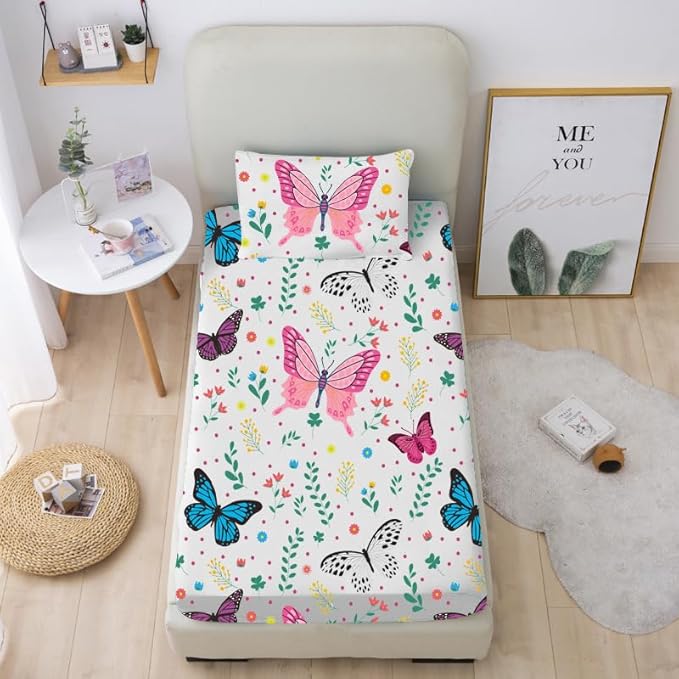 Butterfly Fitted Sheet Set for Kids Girls Teens Colorful Flowers Leaves Bed Sheet Queen Size 3D Print Dreaming Style Sheet Set 3 Piece