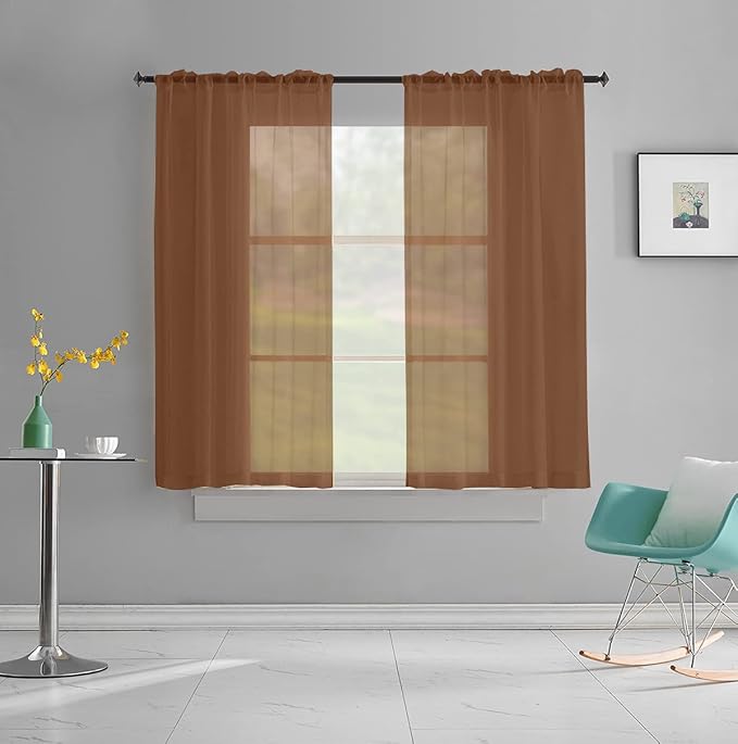 Sheer Curtains for Living Room Bedroom 63 Inch Length Brown Rod Pocket Sheer Voile Curtains Brown Sheer Drapes Kids 52x63 Inches Long 2 Panels