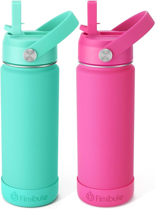 Fimibuke Kids Insulated Water Bottle - 18oz BPA-FREE Kids Cups with Straw Double Wall Vacuum Tumbler 18/8 Stainless Steel Leak Proof Toddler Water Bottle for School Boys Girls (2 Pack, Hawaii)