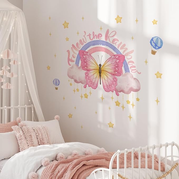 Gorgeous Pink Butterflies Wall Stickers, Art Butterfly Wall DecalsHot Air Balloon Stars Removable Vinyl Peel and Stick for Living Room Bedroom Children's Room Nursery Playroom Decorations