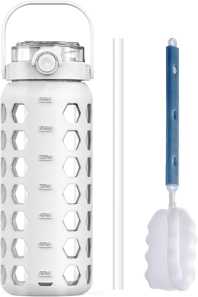 MUKOKO 56oz Glass Water Bottles with Straw and Lid,Motivational Water Jug with Time Marker Reminder and Silicone Sleeve,100% Leakproof BPA Free Fitness Sports Large Bottle-White