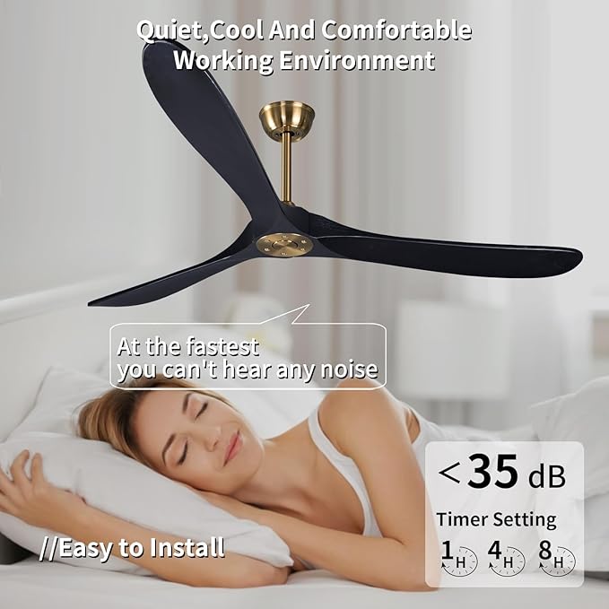 Bigzone 70" Black and Gold Ceiling Fan, Quiet DC Motor, Energy-Saving, 3 Balsa Wood Blades, Indoor/Outdoor Use