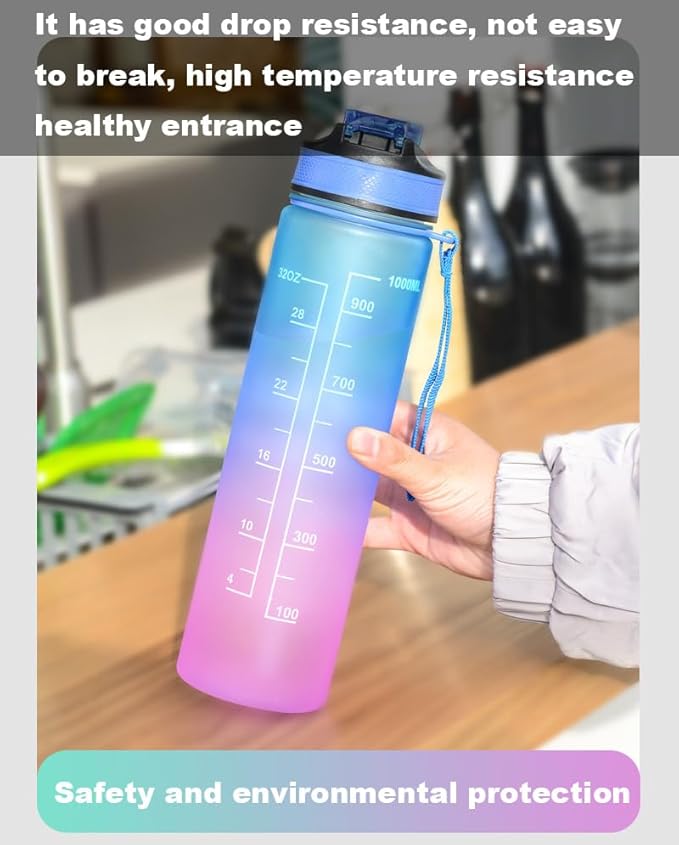 Water Bottles, 32oz Motivational Sports Water Bottle with Time Marker - Times to Drink Fast Flow Technology with Clean Brush PC Material, BPA Free, Wide Mouth Leakproof