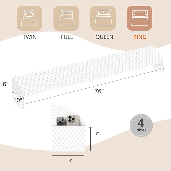Wedge Pillow Headboard, Pillow Wedge for Headboard Gap with 2 Side Large Pocket, Bed Gap Filler (0-8"), Headboard Wedge Pillow King Size(White, 76"x10"x6")