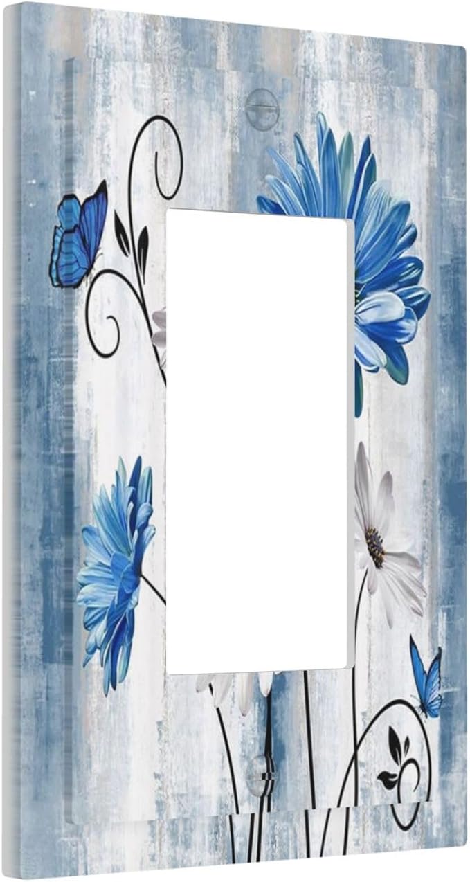 Rustic Teal Blue Daisy Floral Farmhouse 1 Gang Rocker Light Switch Covers Single Decora Outlet Wall Plate Decorative Switchplate Faceplate GFCI for Country Bathroom Bedroom Kitchen Decor