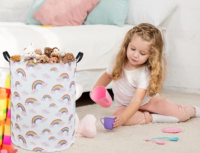 Rainbow Pink Laundry Basket Baby Girls Laundry Hamper Kids Toy Storage Basket Organizer Bins for Girls Room Decor Rainbow Gift Basket Nursery Hamper for Bedroom Bathroom (Rainbow)