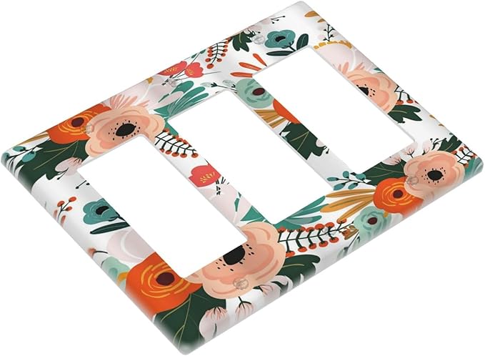Rustic Floral Boho Colorful Flower 3 Gang Rocker Light Switch Covers Triple Outlet Wall Plate Decorative Switchplate Cover Faceplate GFCI for Farmhouse Bathroom Bedroom Kitchen Decor