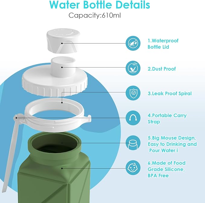 Collapsible Water Bottles 20.7oz Leakproof with Straw Lid Food-Grade BPA-Free Silicone Travel Foldable Water Bottles for Sports Office Gym Hiking Driving 610ML (Type1 Army Green)