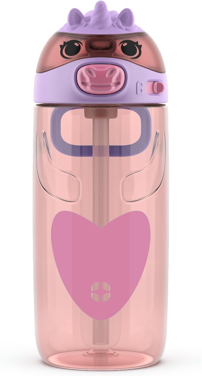 Ello Ellies 16oz Plastic Kids Water Bottle with Straw and Built-in Carrying Handle and Leak-Proof Locking Lid for School backpack, Lunchbox and Outdoor Sports