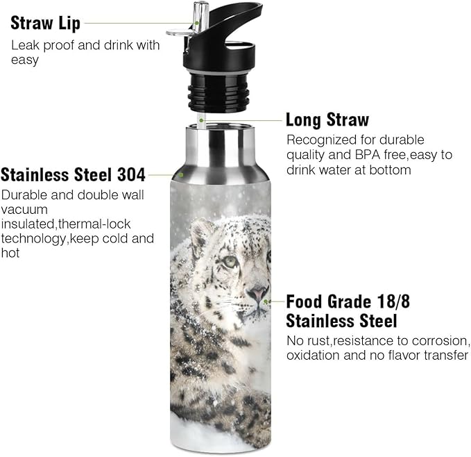 senya 20 Oz Water Bottle with Straw Snow Leopard Stainless Steel Water Bottle for Traveling Sports Leakproof Insulated Water Bottle