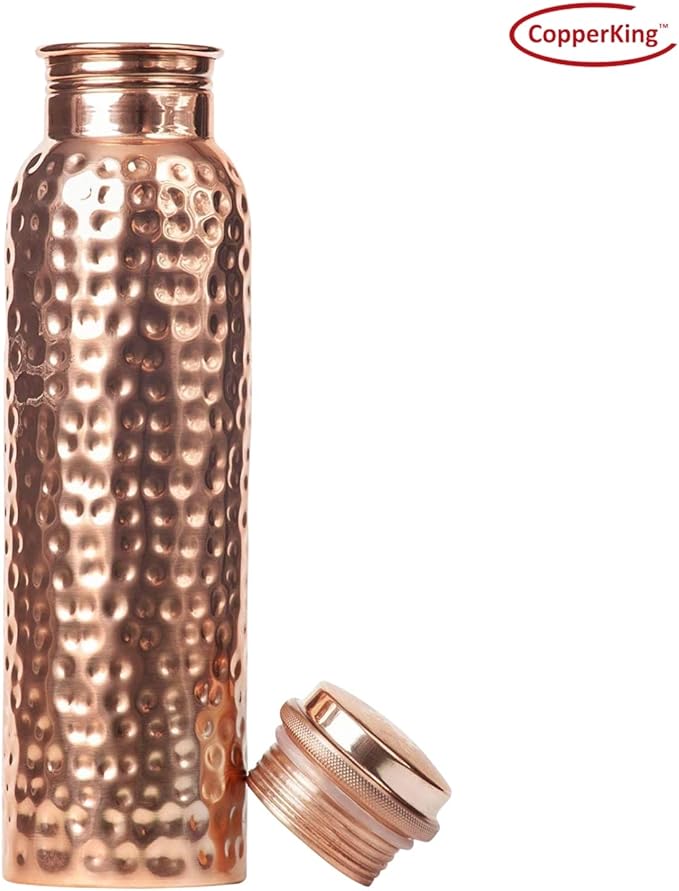 CopperKing Hammered Infused Ayurvedic Pure Copper Water Bottle for Drinking 34oz - 1 Liter | Best Use for Gym, Office, School - Collage, Yoga, Sports Mens and Women