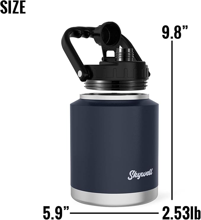 SkyWell Half Gallon Insulated Water Bottle with Handle and Wide Mouth Water Flask Sweat-Proof and Leak-Proof 64 Oz Water Jug for Outdoors, Navy