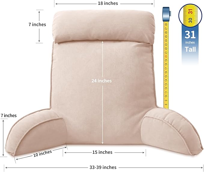 Reading Pillow for Bed Adult Size, Back Pillow for Sitting in Bed, Shredded Memory Foam Bed Chair Pillow with Arms, Pockets, Washable Cover (Pink, Large)