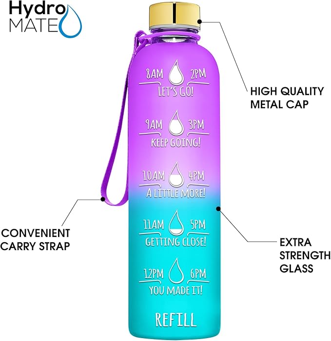 HydroMATE 32 oz Glass Water Bottle with Time Markers Reusable Leakproof Bottle with Hourly Markings 1 Liter