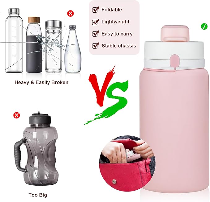 Collapsible Water Bottle, Foldable Water Bottle BPA Free Reusable Lightweight Leak-Proof Travel Silicone Water Bottle for Travel, Gym, Hiking, Office, Camping