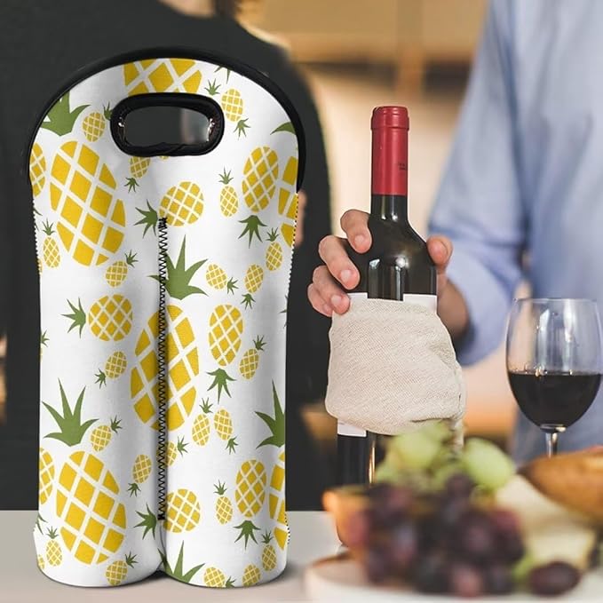 doginthehole Pineapple Print Neoprene Wine Bag Two Bottle Wine Gift Tote Bags Wine Carry Holder 750ML Portable Water Drinks Beer Insulated Bag for Travel, Picnic, Party