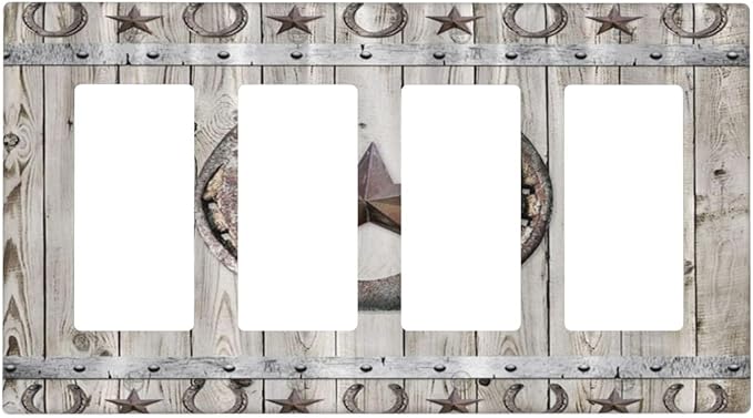 Rustic Western Wood Barn Door Horseshoe Iron Star 4 Gang Rocker Decora Light Switch Cover Outlet Covers Wall Plate Decorative Switchplate Electrical Faceplate GFCI for Farmhouse Bedroom Decor