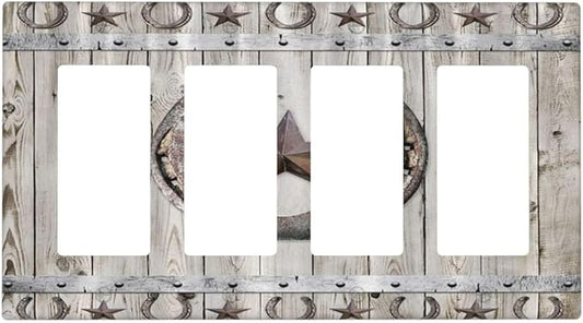Rustic Western Wood Barn Door Horseshoe Iron Star 4 Gang Rocker Decora Light Switch Cover Outlet Covers Wall Plate Decorative Switchplate Electrical Faceplate GFCI for Farmhouse Bedroom Decor