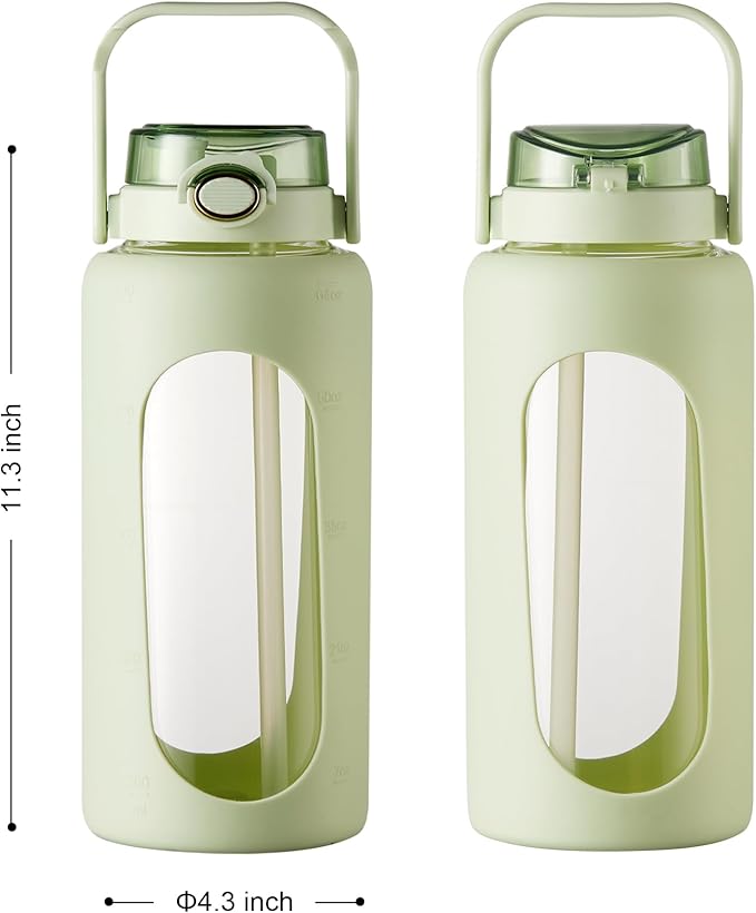 TKK 64 OZ Glass Water Bottle with Straw and Handle Half Gallon Bottle with Silicon Sleeve 2L Sports Water Bottles for Fitness, Gym, Workout - Light Green