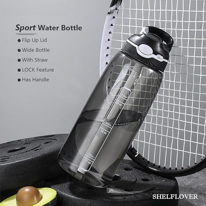 SHELFLOVER Black Water Bottle With Narrow Straw, BPA FREE Clear Bottles With Handle One Hand Use Easy Carried, Flip Up, Suit School, Office, Gym, Office For Men, 32oz (1000ml)