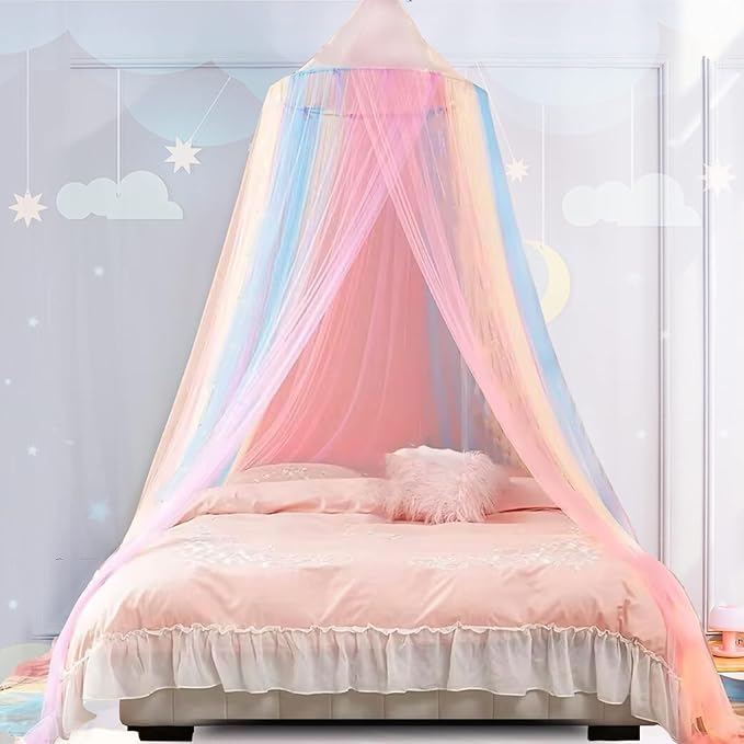 Mosquito Net Bed Canopy for Girls,Rainbow Canopy Bed Curtains Full Queen Size from Ceiling,Dome Mosquito Netting Bed Tent Twin Girls Princess Canopy King Bed Decor