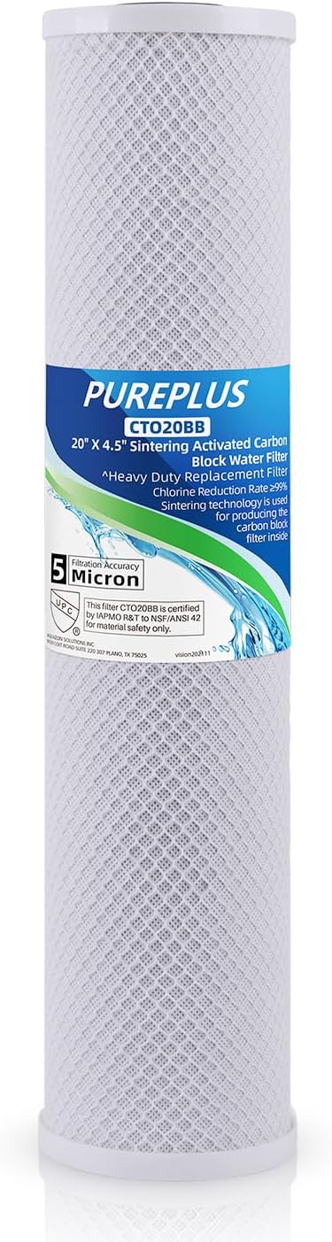 PUREPLUS 5 Micron 20" x 4.5" Whole House Coconut Shell Activated Carbon Water Filter Replacement Cartridge, Compatible with EPM-20, CB-20, 155783-43, FC25B, 1 Pack