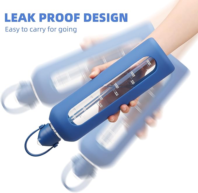 20 oz Glass Water Bottles with Straw Borosilicate Glass Water Bottle with Time Marker Motivational Water Bottles with Silicone Sleeve Leak Proof Reusable BPA Free