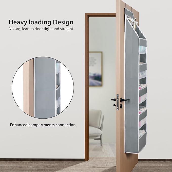 Univivi Over Door Hanging Organizer Storage with 5 Large Pockets and 3 Small PVC Pockets for Cosmetics Wall Hanging Storage Organizer for Pantry Baby Nursery Bathroom Closet Dorm(Grey)