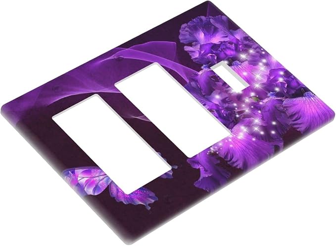 Purple Butterfly Flower Combo 2 Rocker 1 Toggle Light Switch Wall Plate Cover Decorative 3-Gang for Electrical Outlets Girls Room Bathroom Bedroom Home Kitchen Two Decora Receptacle 4.5" x 6.38"