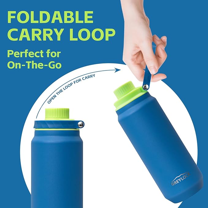 Greylock 20 oz Water Bottle Insulated with Straw Lid, Reusable Metal Water Bottle Stainless Steel with Carry Handle for Travel,Sports, BPA-Free Leak Proof When Closed, Cold for 24 Hours (Blue)