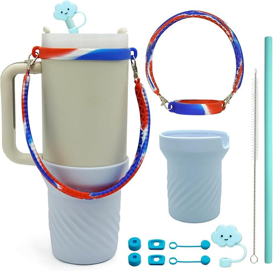 Accessories Set for Stanley 40oz including 6PCS Silicone Spill Proof Stopper 1PCS Straw Cover 1 PCS Siliconce Boot Sleevec 1 PCS Silicone Water Bottle Handle Strap 1PCS Straw & Cleaning Brush