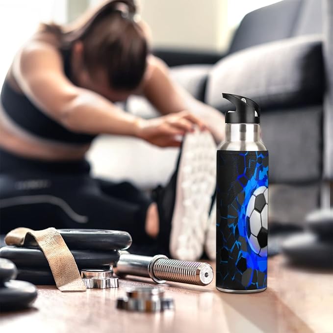 Insulated Stainless Steel Water Bottle with Straw 20oz Blue Black 3d Sport Soccer Football Sports Water Bottles BPA Free Leakproof Metal Vacuum Flask Jug for Kids Gym Fitness