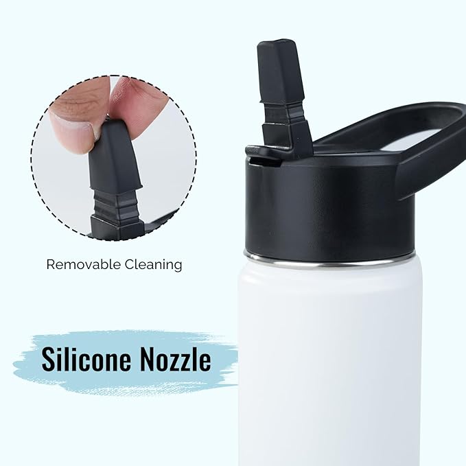 Stainless Steel Water bottle with Straw & Wide Mouth Lid, Wide Rotating Handle, 18oz Double Wall Vacuum Insulated Water Bottle Leak Proof, BPA Free, Keep Cold and Hot, 18oz, White