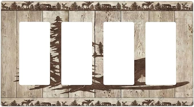 Rustic Wood Bear Forest 4 Gang Rocker Decora Light Switch Cover Vintage Antique Cabin Decorative Outlet Covers Wall Plate Electrical Faceplate Switchplate GFCI for Farmhouse Bathroom Bedroom Decor