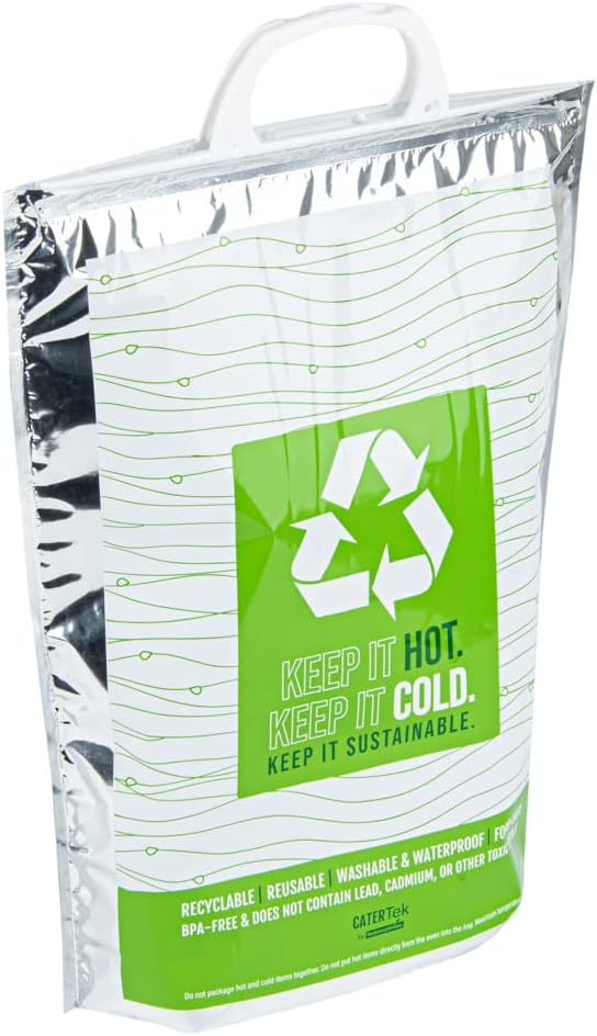 Restaurantware Cater Tek 11.8 x 5.9 x 15 Inch Hot And Cold Bag 1 Triple Layer Insulated Bag - Snap Lock Handles Waterproof Green & Silver Plastic Thermal Lunch Bag For Frozen & Hot Items