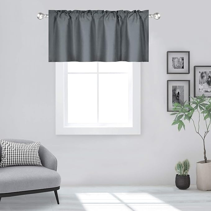 Gray Valance for Windows 42x18 Inch Solid Thermal Insulated Blackout Rod Pocket Kitchen Short Curtain Toppers Grey Valance for Bathroom Living Room 1 Panel