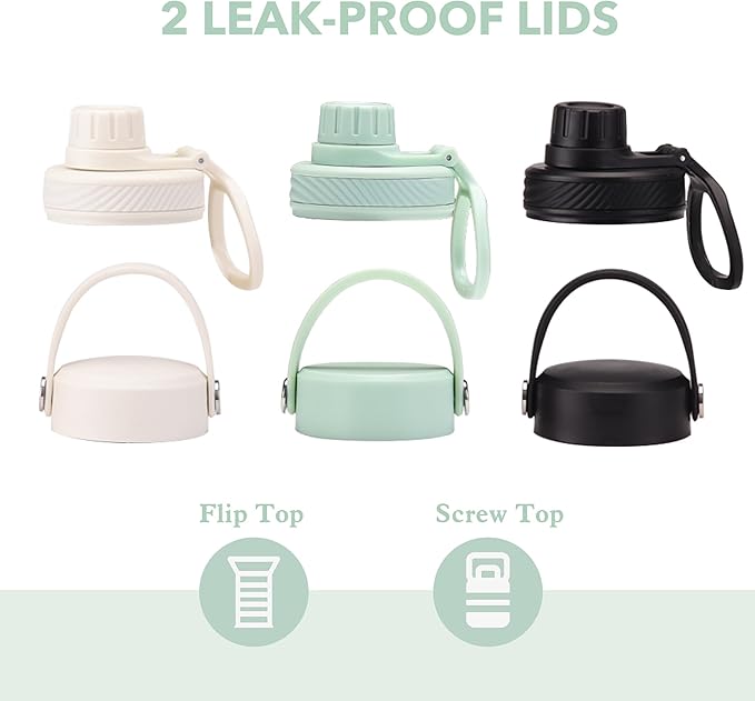 Mint Green 32 OZ Insulated Water Bottle, Large Metal Insulated Stainless Steel Water Flask, Big Sports Travel Water Bottle with 2 Lids, Insulated Sage Green Thermos Thermal Mug Cup