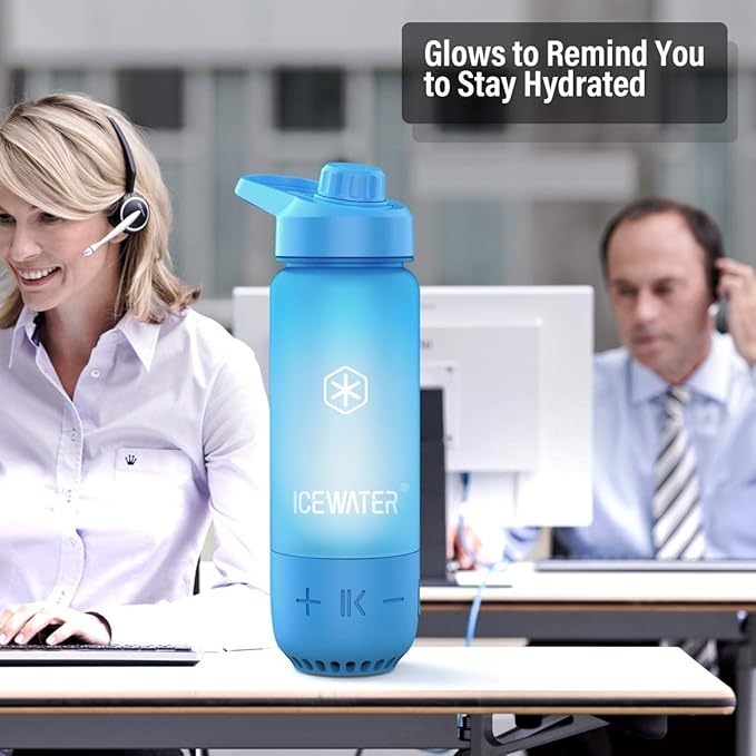 ICEWATER 3-in-1 Smart Water Bottle, Glows to Remind You to Keep Hydrated, Bluetooth Speaker & Dancing Lights, Plastic Water Bottle With Chug Lid, Great Birthday Gift (20 oz, Blue)