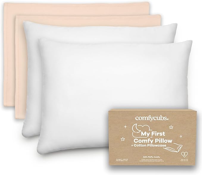 Comfy Cubs Toddler Pillow with Soft Cotton Pillowcase, 13"x18", Cream (2 Pack) - Kids Pillow for Sleeping & Travel - Comfortable Small Pillow - Kids Travel Pillow with Breathable Microfiber Fill