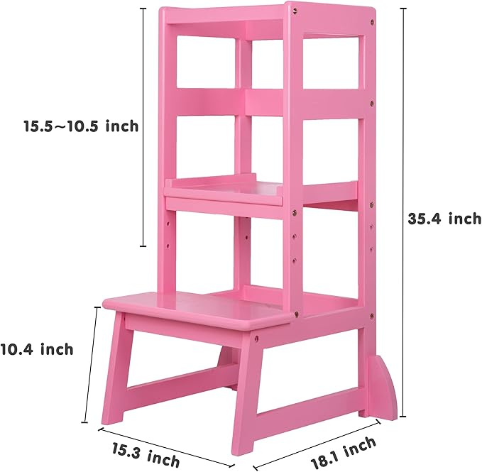 SDADI Mother's Helper Adjustable Height Kitchen Step Stool, Children Kids Toddlers Counter Level Learning Stool for Kitchen & Bathroom, Pink