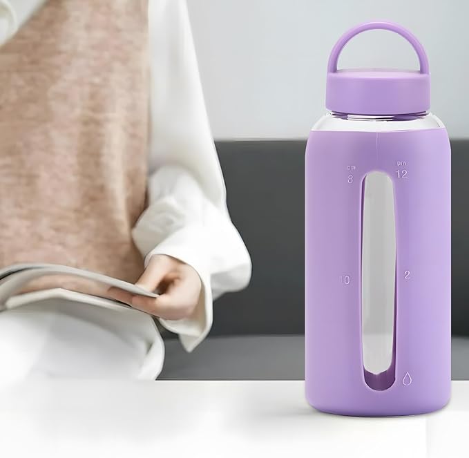 27 Oz Hydration Bottle,Minimalist Glass Water Bottle With Silicone Sleeve,Wide Mouth Opening With 2 Lids,Train Straws,Gift for Kids/Adults,Sport Glass Water Bottle for Gym/Yoga/Outdoor (PurPle, 27 oz)