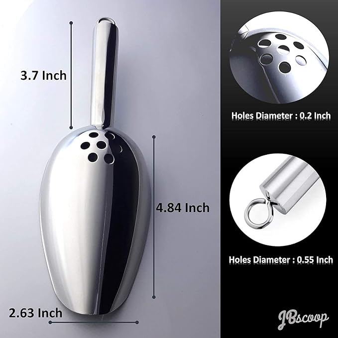 JBscoop Ice Scoop with Holes. Stainless Steel Ice Scoop with Drain Holes to Reduce Unwanted Dilution. Heavy Duty and Dishwasher Safe. Six Ounce Capacity.