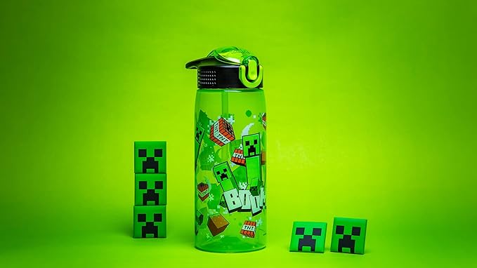 Zak Designs Minecraft Water Bottle For School or Travel, 25 oz Durable Plastic Water Bottle With Straw, Handle, and Leak-Proof, Pop-Up Spout Cover (Creeper)