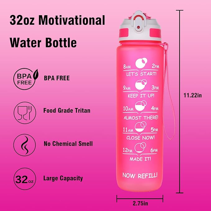 Prometheuz 32oz Water Bottle with Straw, Motivational Water Bottle with Time Marker, Water Bottles Leakproof & BPA-Free for Sports, Work and Fitness Pink