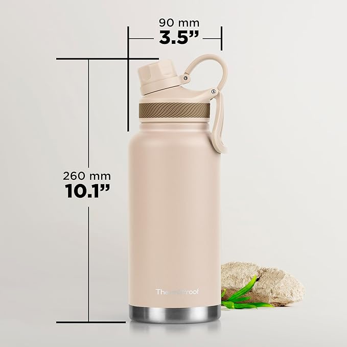 ThermoProof Double-Walled Vacuum Insulated Stainless Steel Water Bottle - Wide Mouth Canteen with Spout & Straw Lids, Dishwasher Safe, Reusable, Leakproof, BPA-Free - 32oz, Taupe